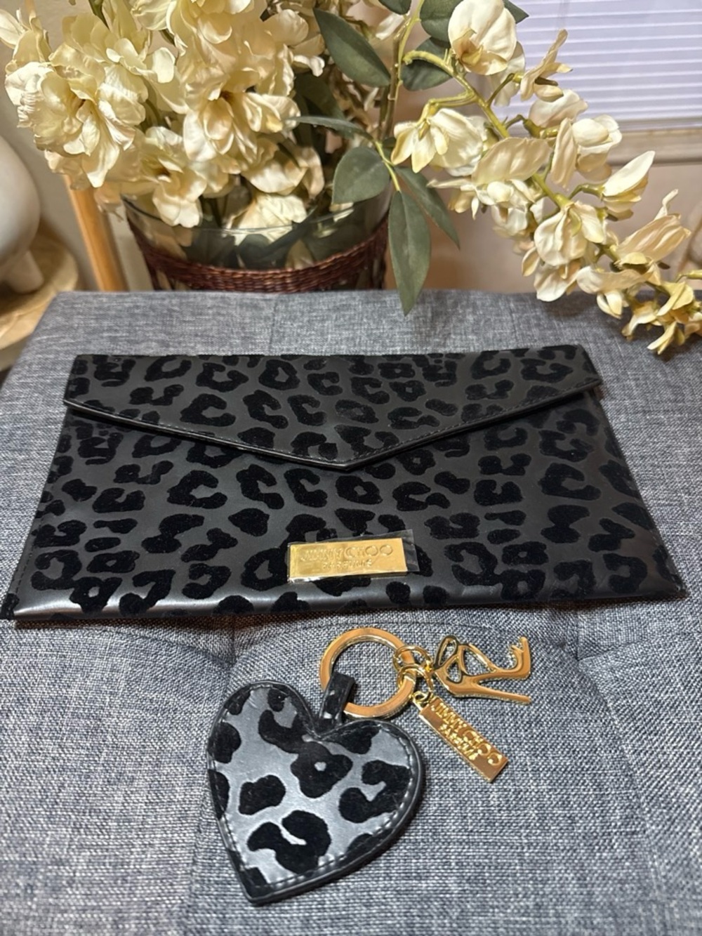 Black Leopard Patent Envelope Card Holder with Heart Keychain